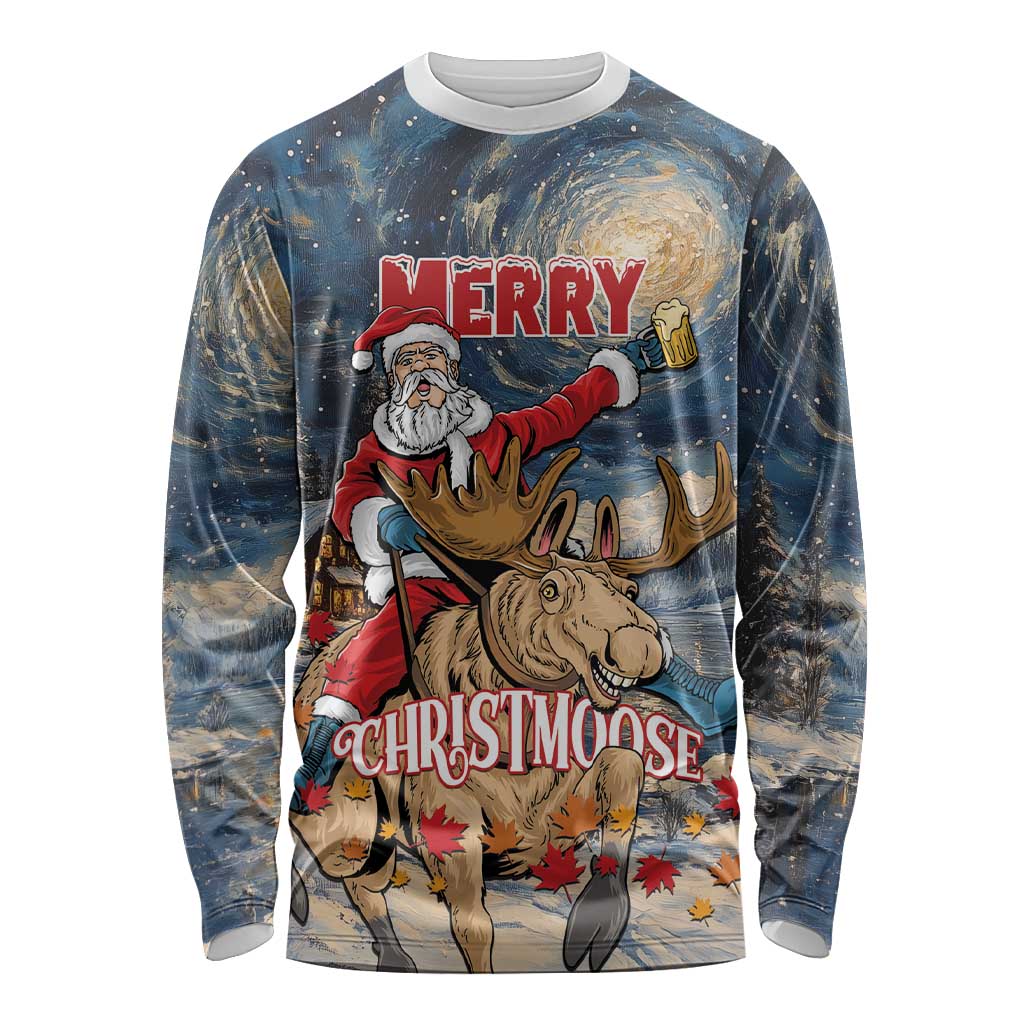 Personalized Merry Christmoose Long Sleeve Shirt Santa Claus Riding Moose Starry Night - Wonder Print Shop