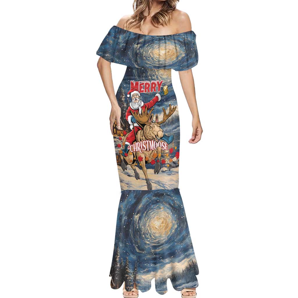Personalized Merry Christmoose Mermaid Dress Santa Claus Riding Moose Starry Night - Wonder Print Shop