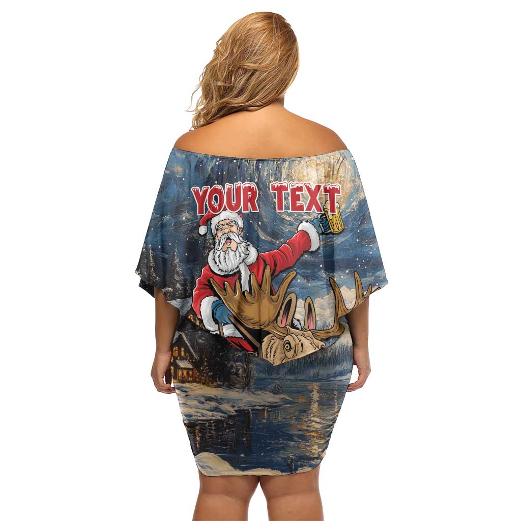 Personalized Merry Christmoose Off Shoulder Short Dress Santa Claus Riding Moose Starry Night - Wonder Print Shop