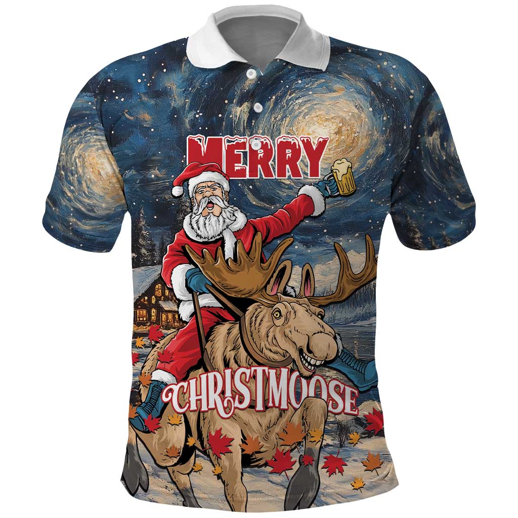 Personalized Merry Christmoose Polo Shirt Santa Claus Riding Moose Starry Night - Wonder Print Shop