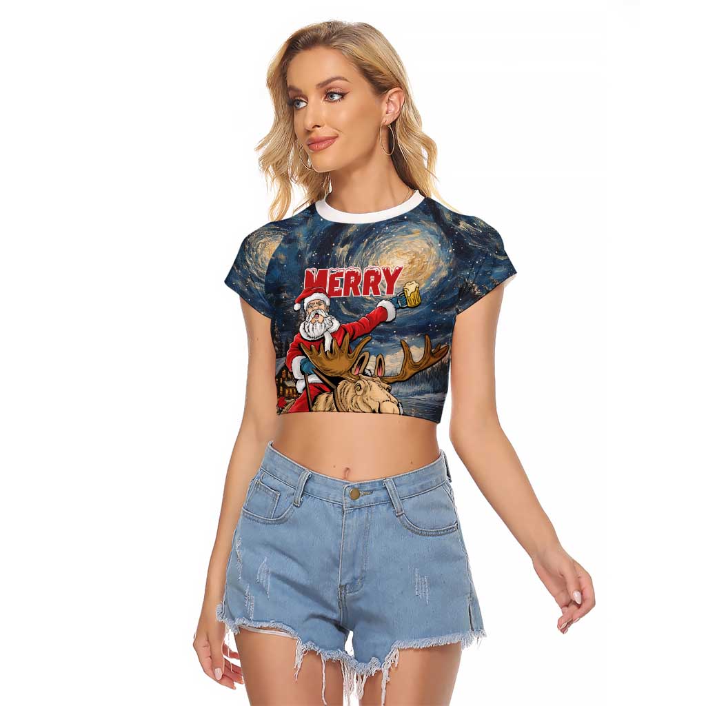 Personalized Merry Christmoose Raglan Cropped T Shirt Santa Claus Riding Moose Starry Night - Wonder Print Shop