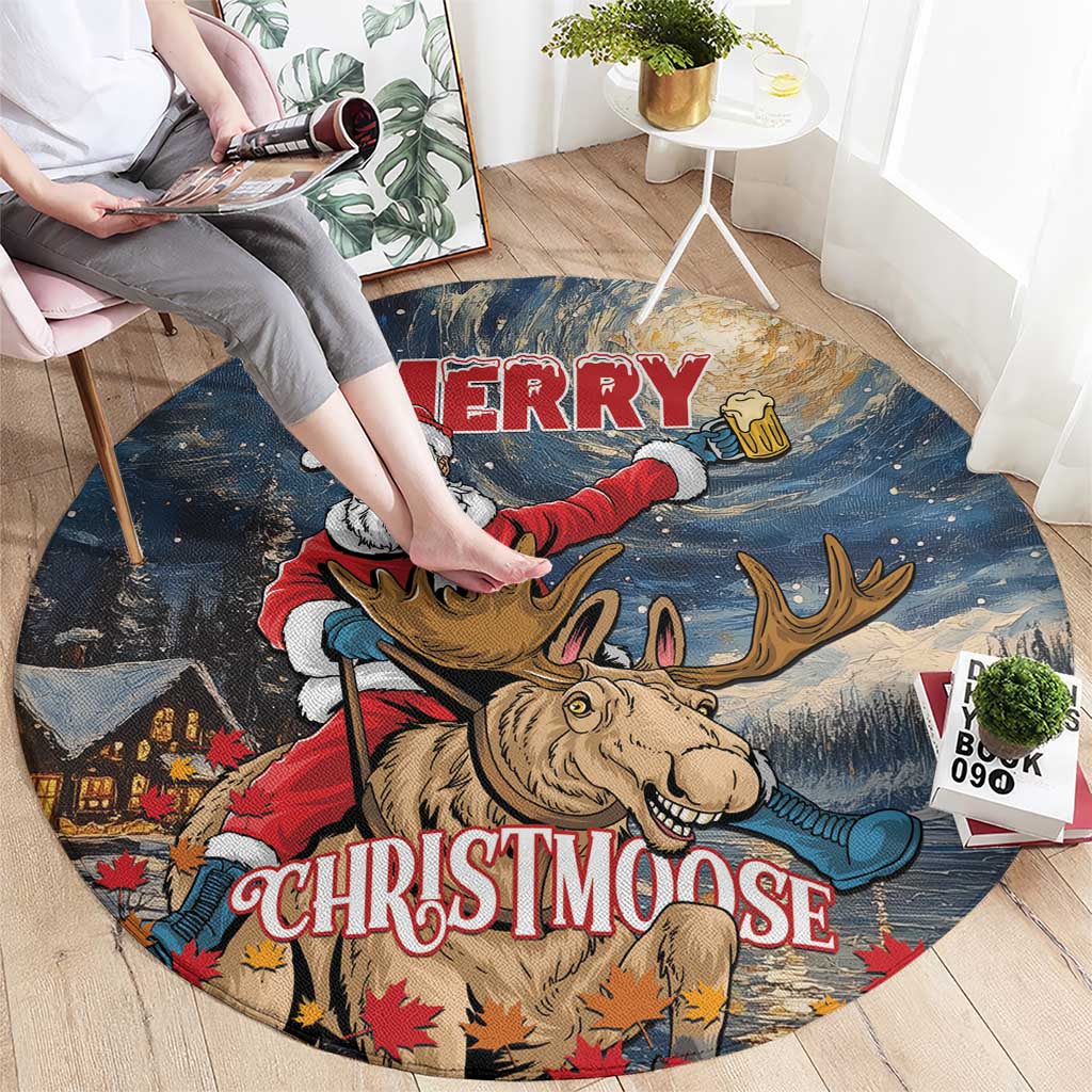 Merry Christmoose Round Carpet Santa Claus Riding Moose Starry Night
