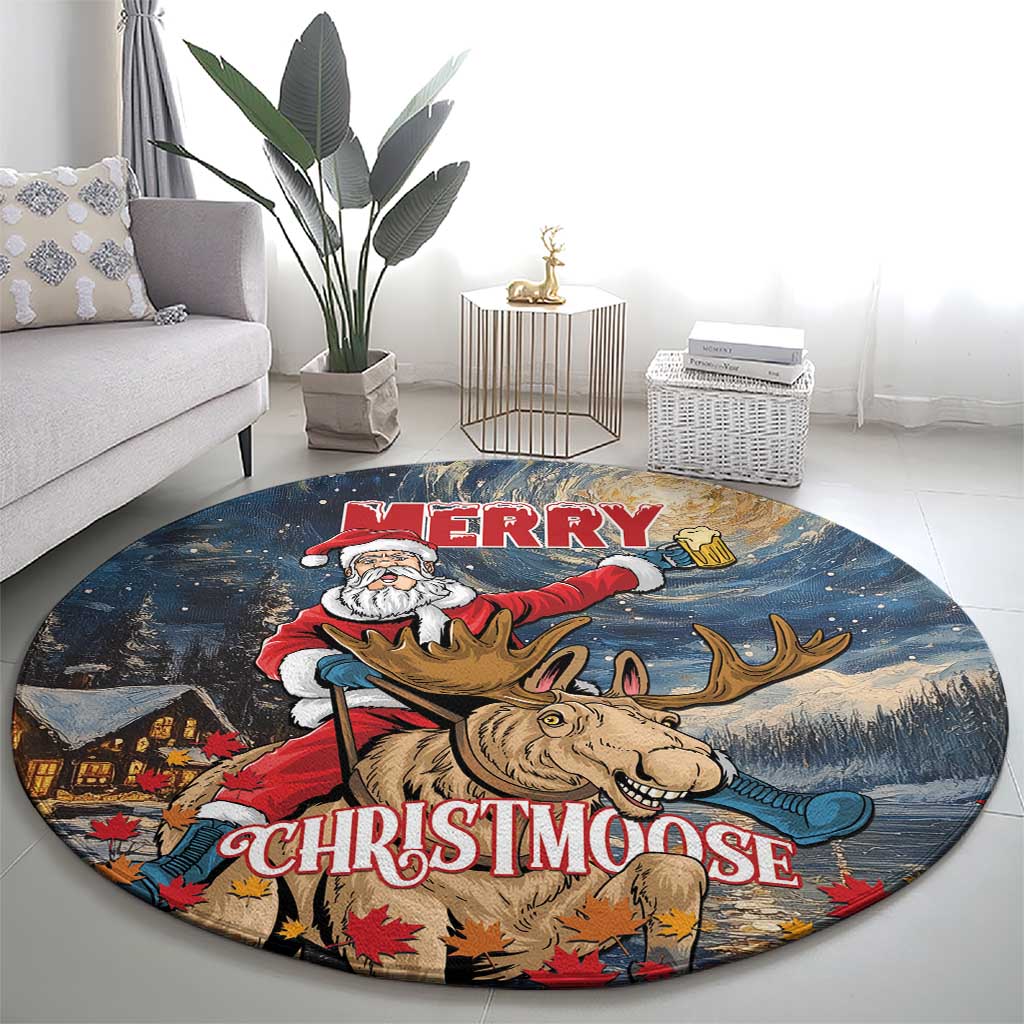 Merry Christmoose Round Carpet Santa Claus Riding Moose Starry Night
