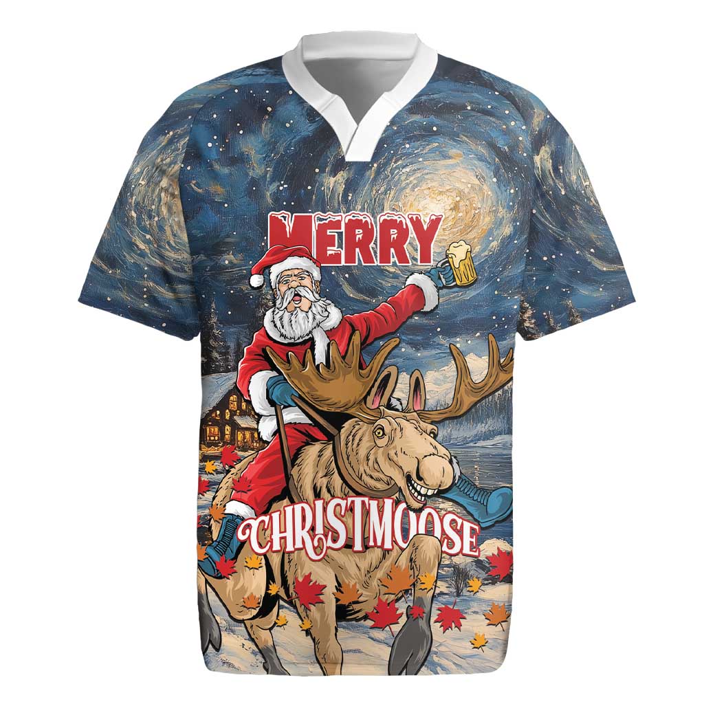 Personalized Merry Christmoose Rugby Jersey Santa Claus Riding Moose Starry Night - Wonder Print Shop