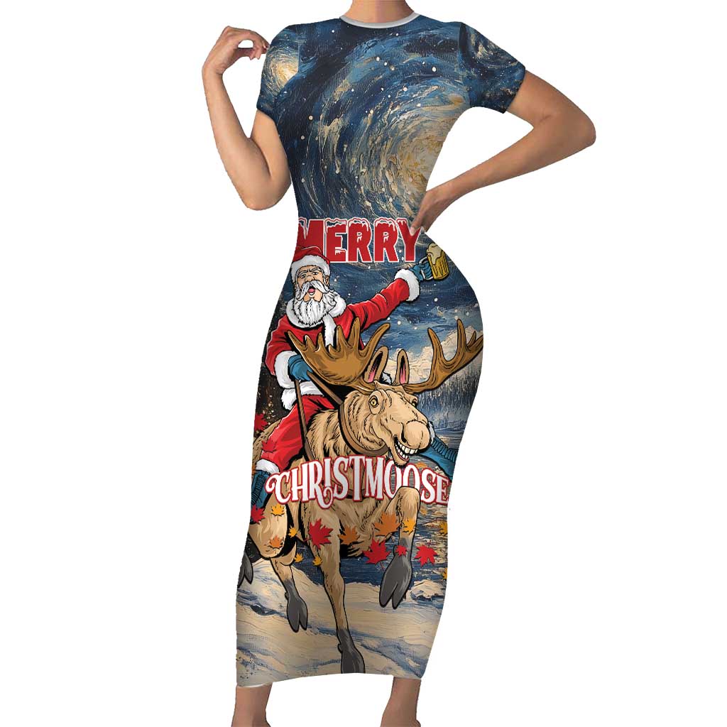 Personalized Merry Christmoose Short Sleeve Bodycon Dress Santa Claus Riding Moose Starry Night - Wonder Print Shop