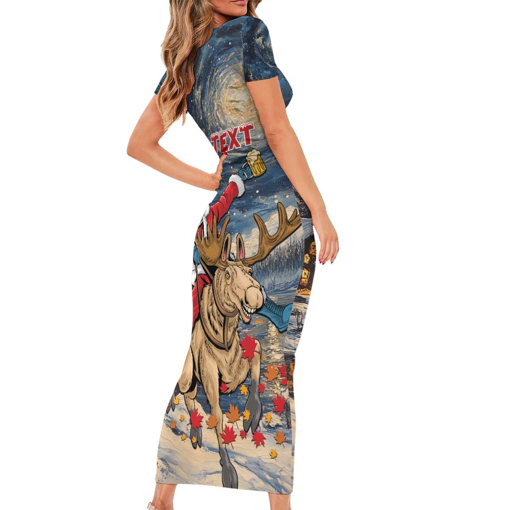Personalized Merry Christmoose Short Sleeve Bodycon Dress Santa Claus Riding Moose Starry Night - Wonder Print Shop