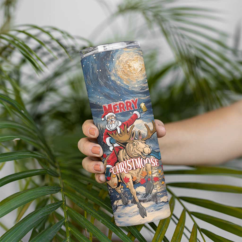 Personalized Merry Christmoose Skinny Tumbler Santa Claus Riding Moose Starry Night - Wonder Print Shop