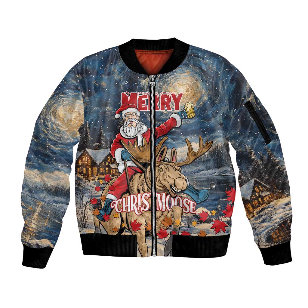 Personalized Merry Christmoose Sleeve Zip Bomber Jacket Santa Claus Riding Moose Starry Night - Wonder Print Shop