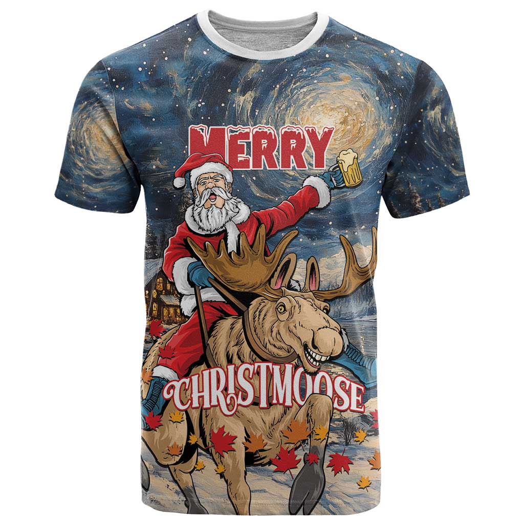 Personalized Merry Christmoose T Shirt Santa Claus Riding Moose Starry Night - Wonder Print Shop