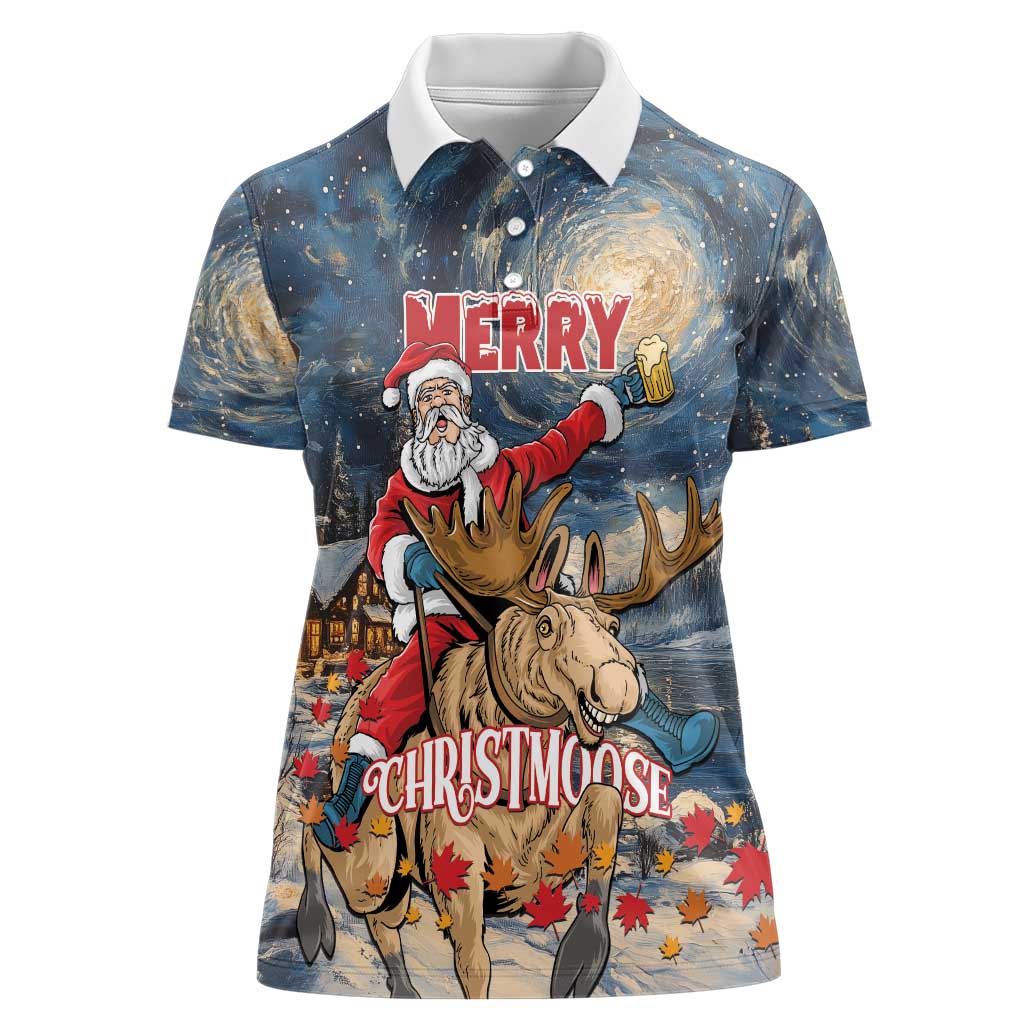 Personalized Merry Christmoose Women Polo Shirt Santa Claus Riding Moose Starry Night - Wonder Print Shop