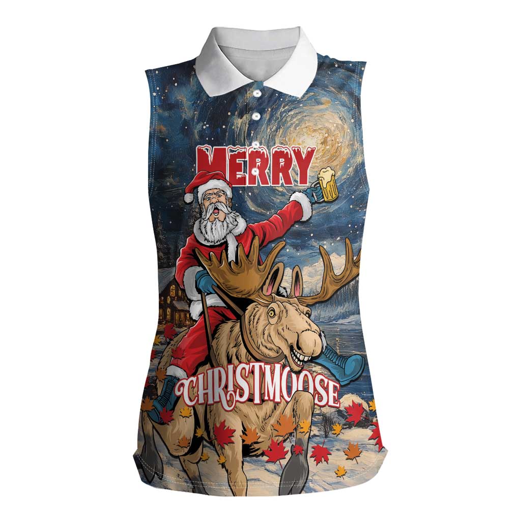 Personalized Merry Christmoose Women Sleeveless Polo Shirt Santa Claus Riding Moose Starry Night - Wonder Print Shop