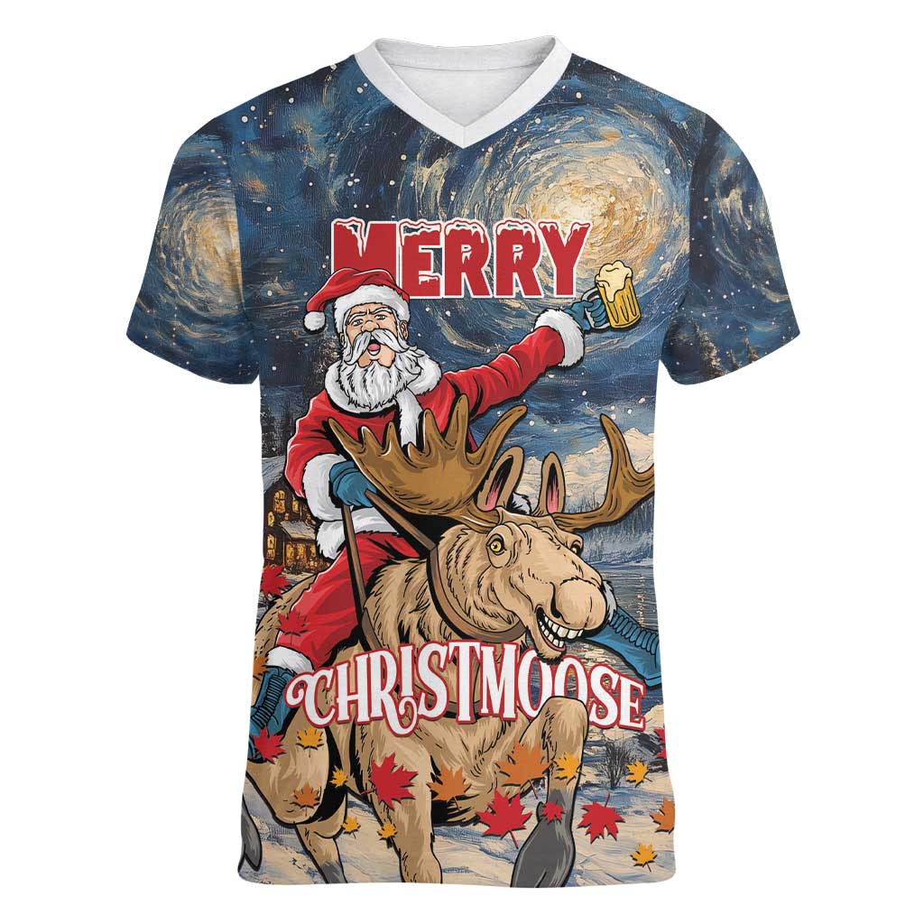 Personalized Merry Christmoose Women V-Neck T-Shirt Santa Claus Riding Moose Starry Night - Wonder Print Shop