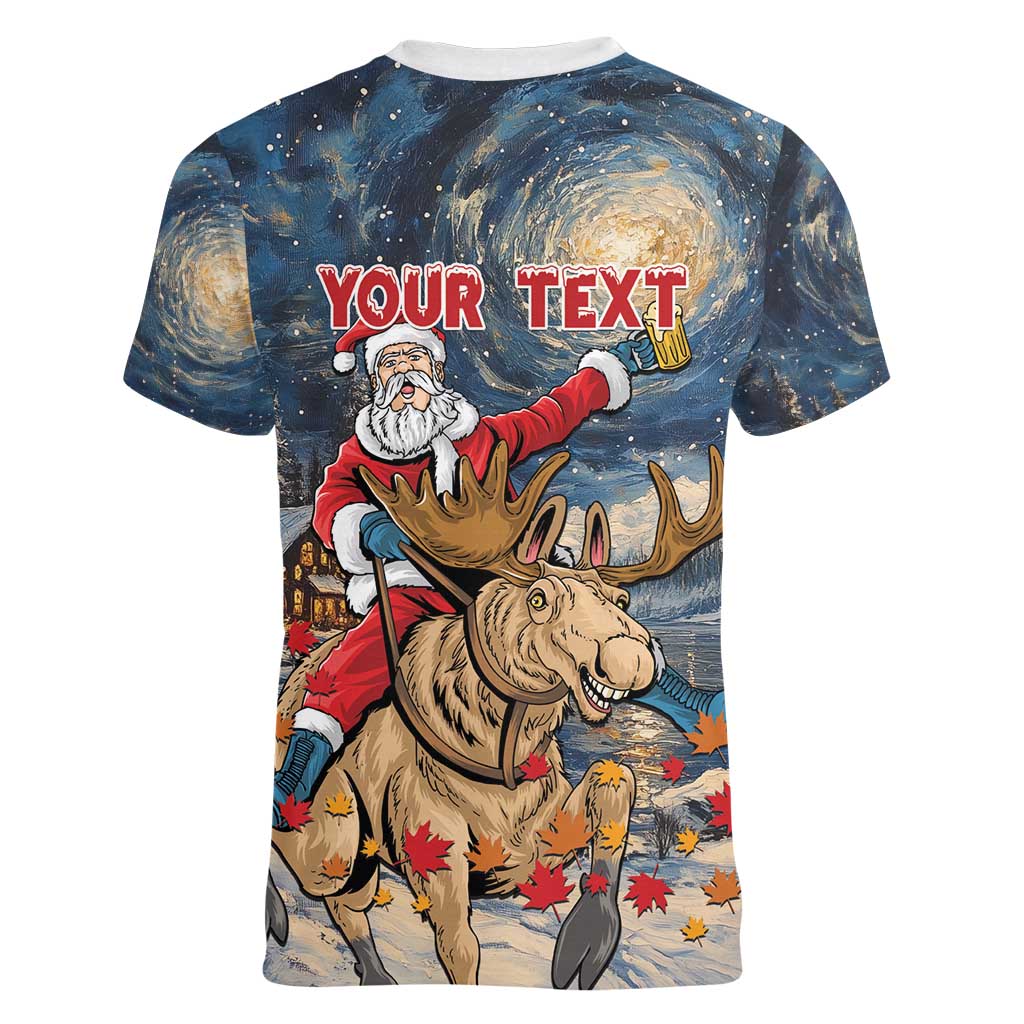 Personalized Merry Christmoose Women V-Neck T-Shirt Santa Claus Riding Moose Starry Night - Wonder Print Shop