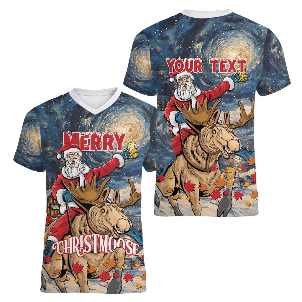 Personalized Merry Christmoose Women V-Neck T-Shirt Santa Claus Riding Moose Starry Night - Wonder Print Shop