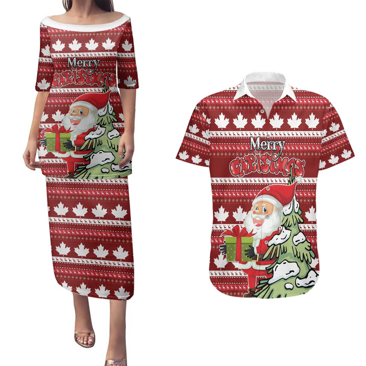 Personalized Canada Christmas Couples Matching Puletasi and Hawaiian Shirt Maple Leaf Pattern - Wonder Print Shop
