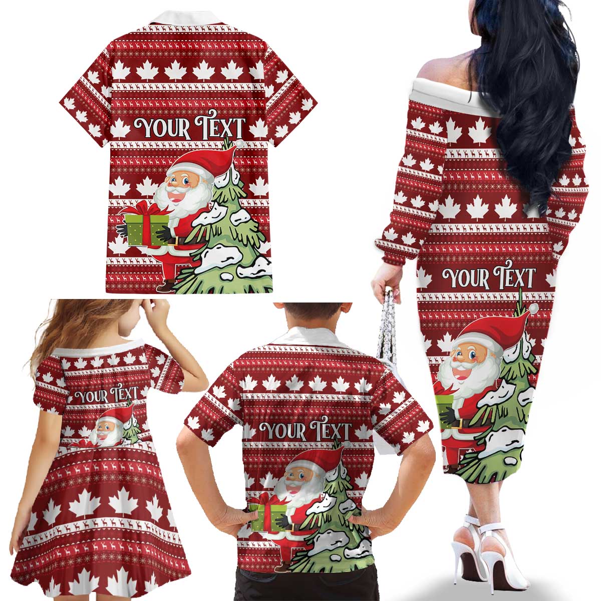 Personalized Canada Christmas Family Matching Off The Shoulder Long Sleeve Dress and Hawaiian Shirt Maple Leaf Pattern - Wonder Print Shop