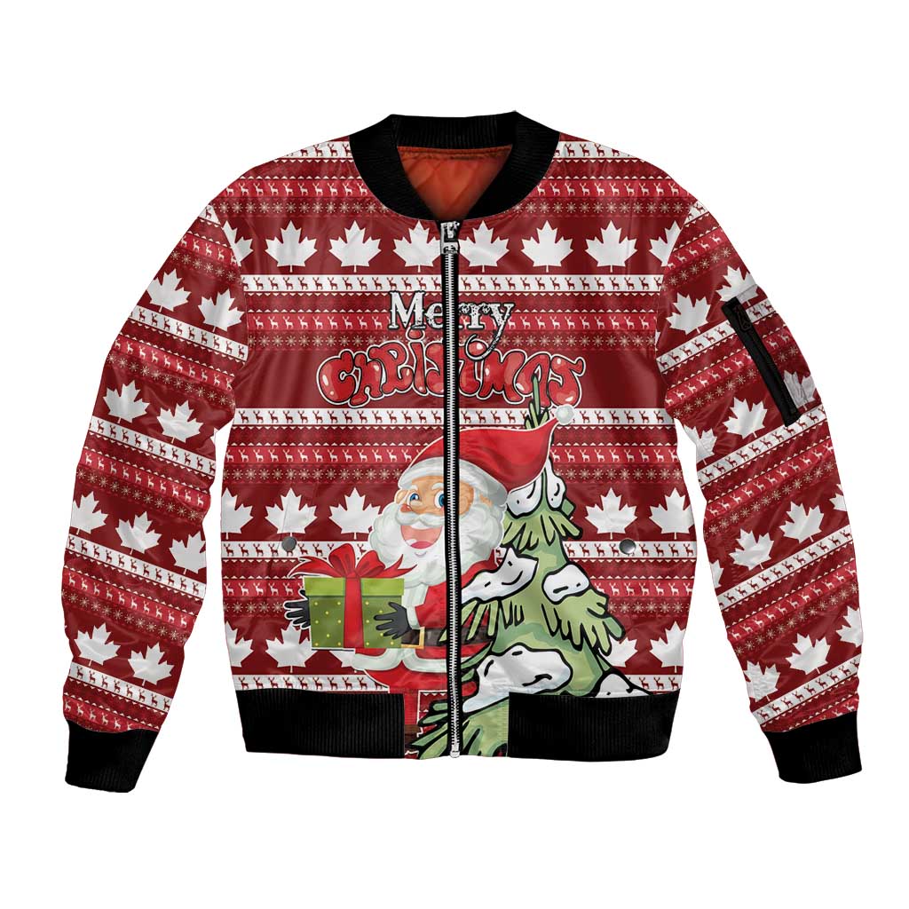 Personalized Canada Christmas Sleeve Zip Bomber Jacket Maple Leaf Pattern - Wonder Print Shop