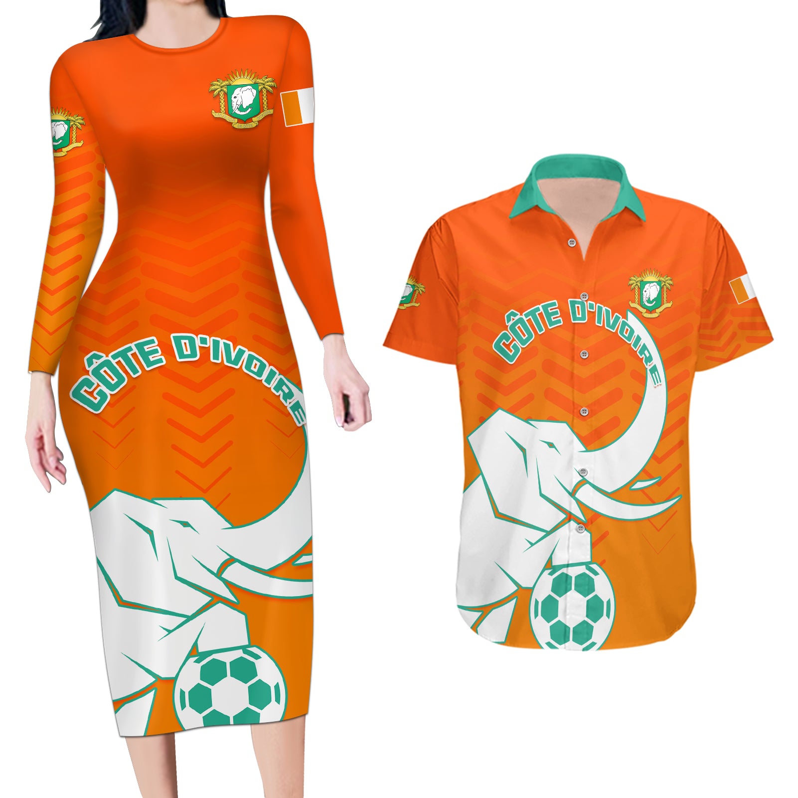 Ivory Coast Football Couples Matching Long Sleeve Bodycon Dress and Hawaiian Shirt Go Les Elephants - Wonder Print Shop