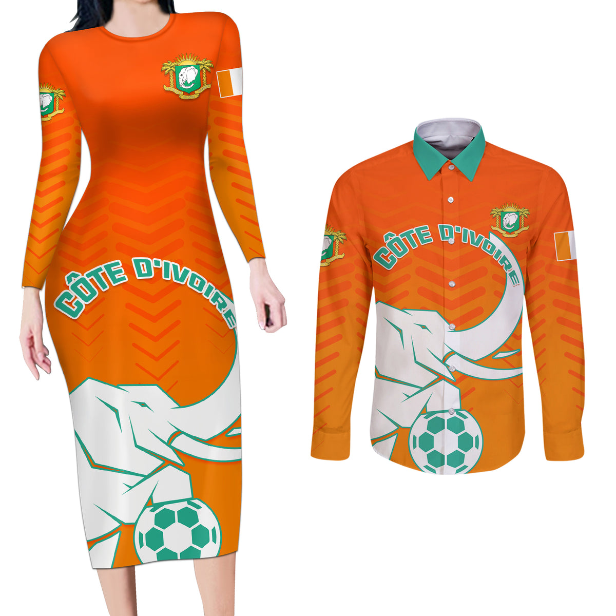 Ivory Coast Football Couples Matching Long Sleeve Bodycon Dress and Long Sleeve Button Shirt Go Les Elephants - Wonder Print Shop