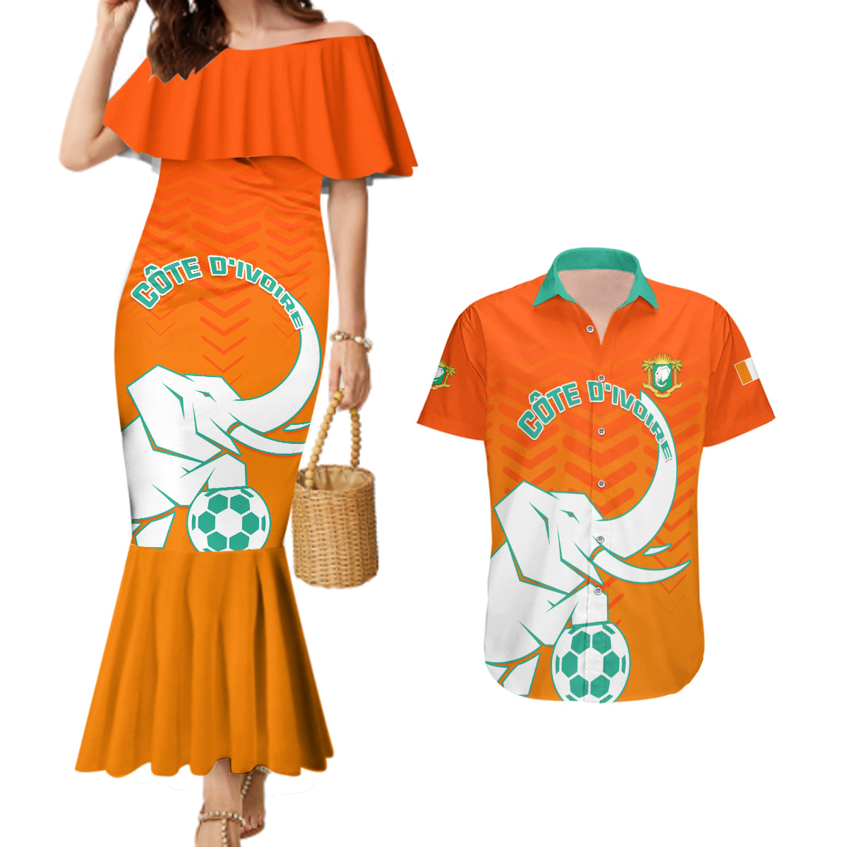 Ivory Coast Football Couples Matching Mermaid Dress and Hawaiian Shirt Go Les Elephants - Wonder Print Shop