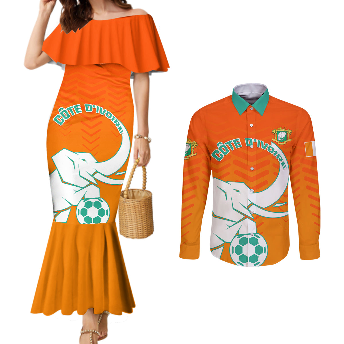 Ivory Coast Football Couples Matching Mermaid Dress and Long Sleeve Button Shirt Go Les Elephants