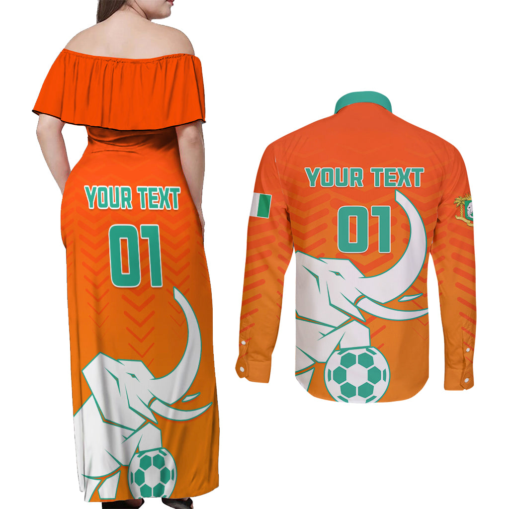 Ivory Coast Football Couples Matching Off Shoulder Maxi Dress and Long Sleeve Button Shirt Go Les Elephants - Wonder Print Shop