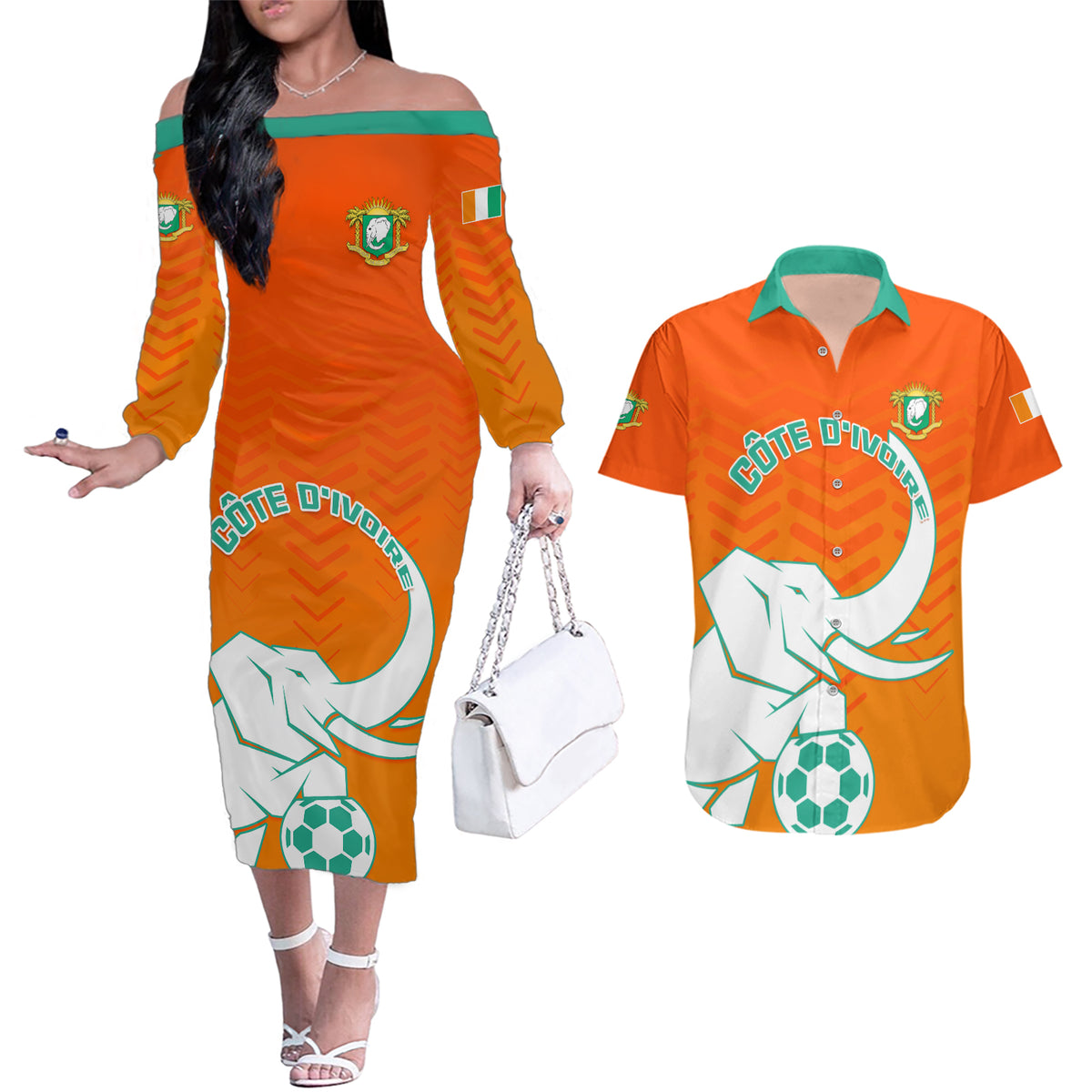 Ivory Coast Football Couples Matching Off The Shoulder Long Sleeve Dress and Hawaiian Shirt Go Les Elephants - Wonder Print Shop