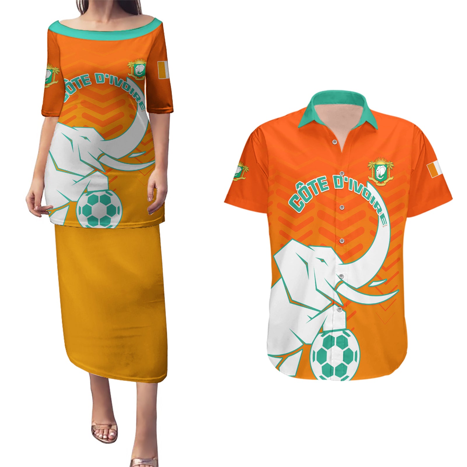 Ivory Coast Football Couples Matching Puletasi and Hawaiian Shirt Go Les Elephants - Wonder Print Shop