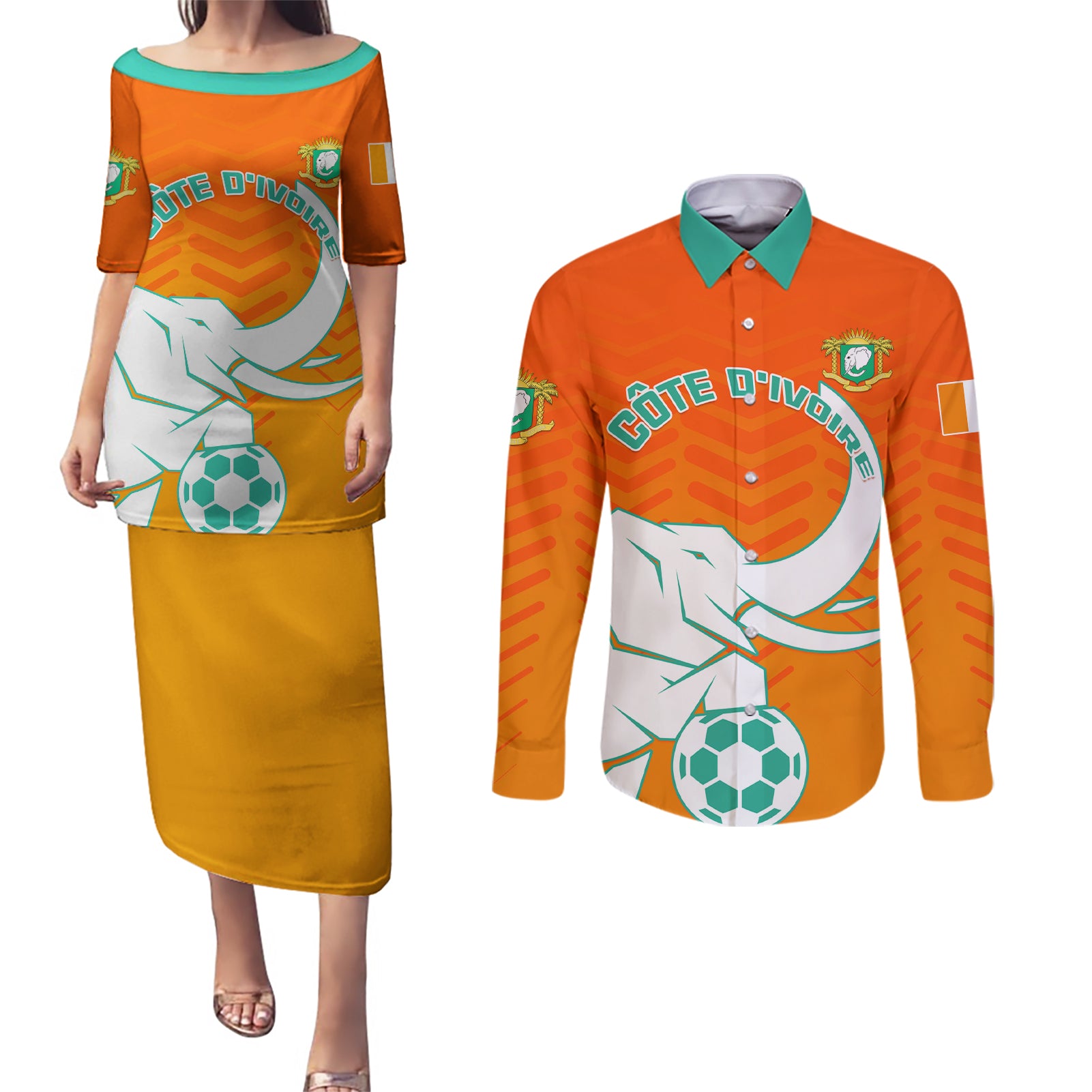 Ivory Coast Football Couples Matching Puletasi and Long Sleeve Button Shirt Go Les Elephants - Wonder Print Shop