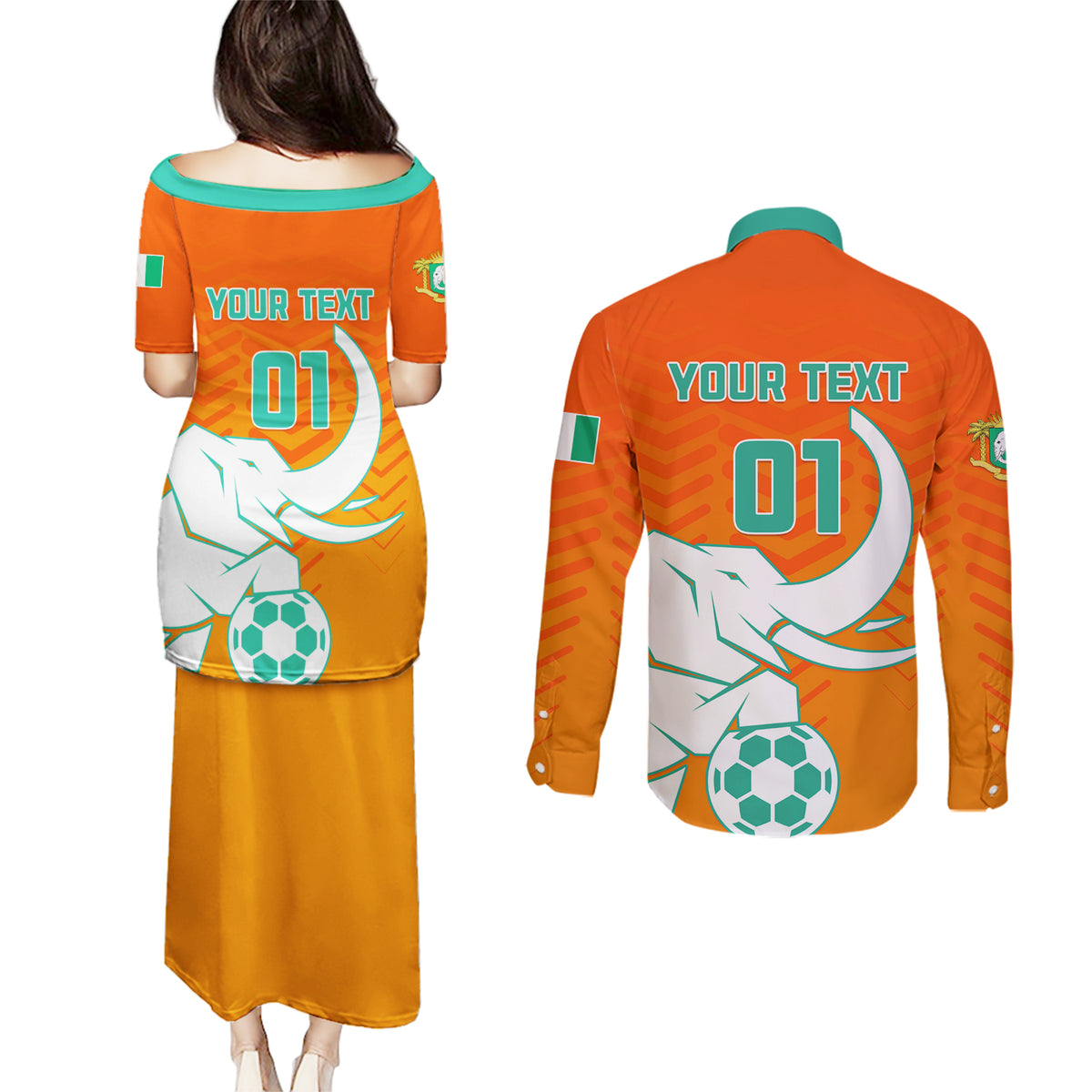 Ivory Coast Football Couples Matching Puletasi and Long Sleeve Button Shirt Go Les Elephants - Wonder Print Shop
