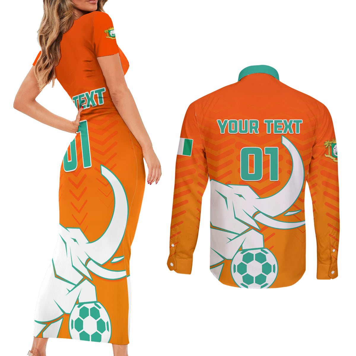 Ivory Coast Football Couples Matching Short Sleeve Bodycon Dress and Long Sleeve Button Shirt Go Les Elephants - Wonder Print Shop