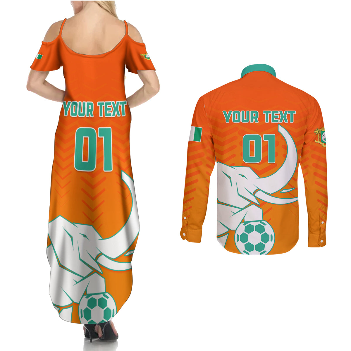 Ivory Coast Football Couples Matching Summer Maxi Dress and Long Sleeve Button Shirt Go Les Elephants - Wonder Print Shop