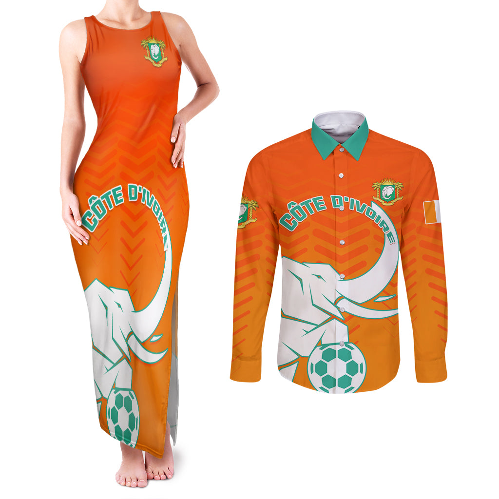 Ivory Coast Football Couples Matching Tank Maxi Dress and Long Sleeve Button Shirt Go Les Elephants - Wonder Print Shop