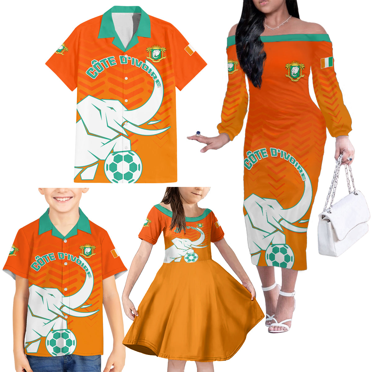 Ivory Coast Football Family Matching Off Shoulder Long Sleeve Dress and Hawaiian Shirt Go Les Elephants - Wonder Print Shop