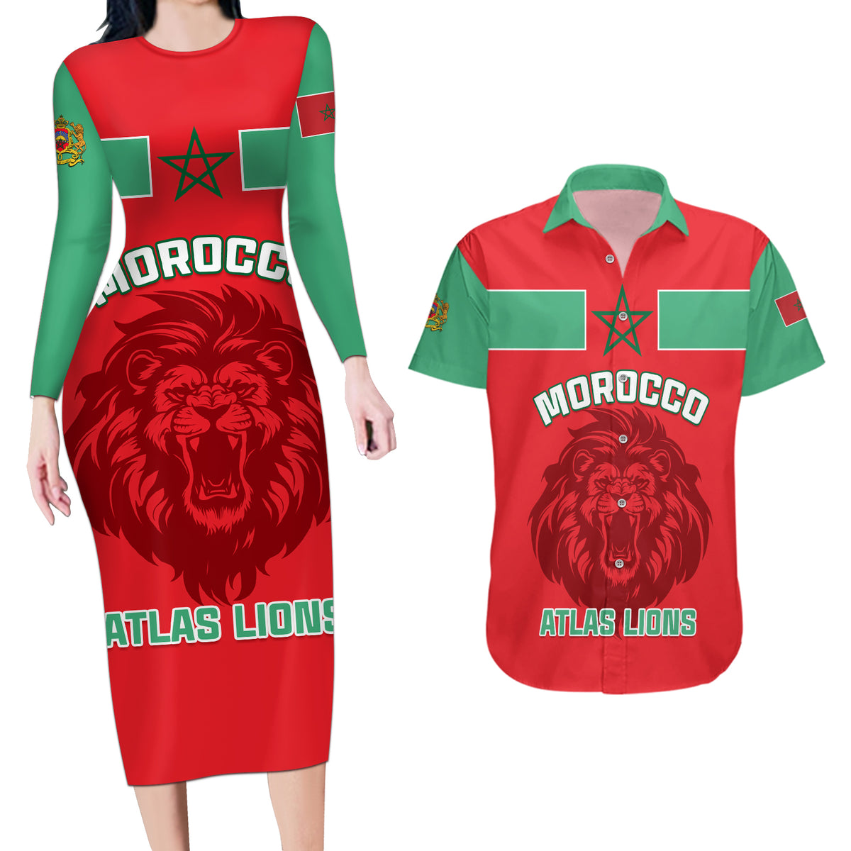 Morocco Football Couples Matching Long Sleeve Bodycon Dress and Hawaiian Shirt Go The Atlas Lions - Wonder Print Shop