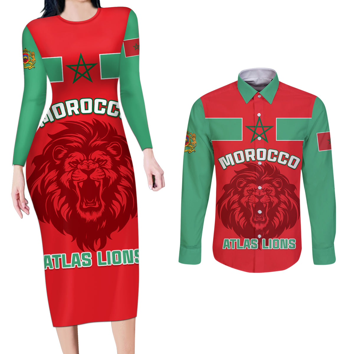 Morocco Football Couples Matching Long Sleeve Bodycon Dress and Long Sleeve Button Shirt Go The Atlas Lions - Wonder Print Shop