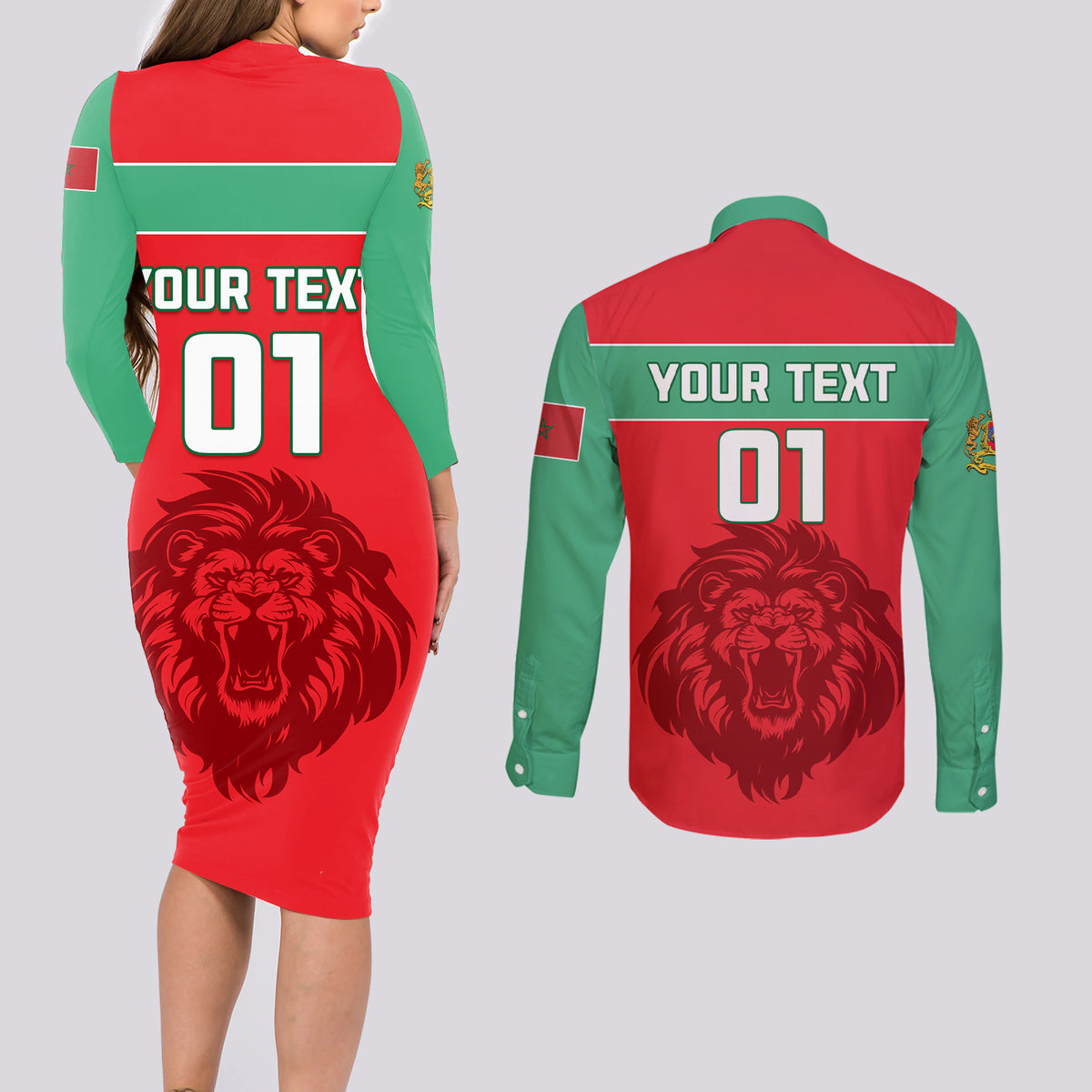 Morocco Football Couples Matching Long Sleeve Bodycon Dress and Long Sleeve Button Shirt Go The Atlas Lions - Wonder Print Shop