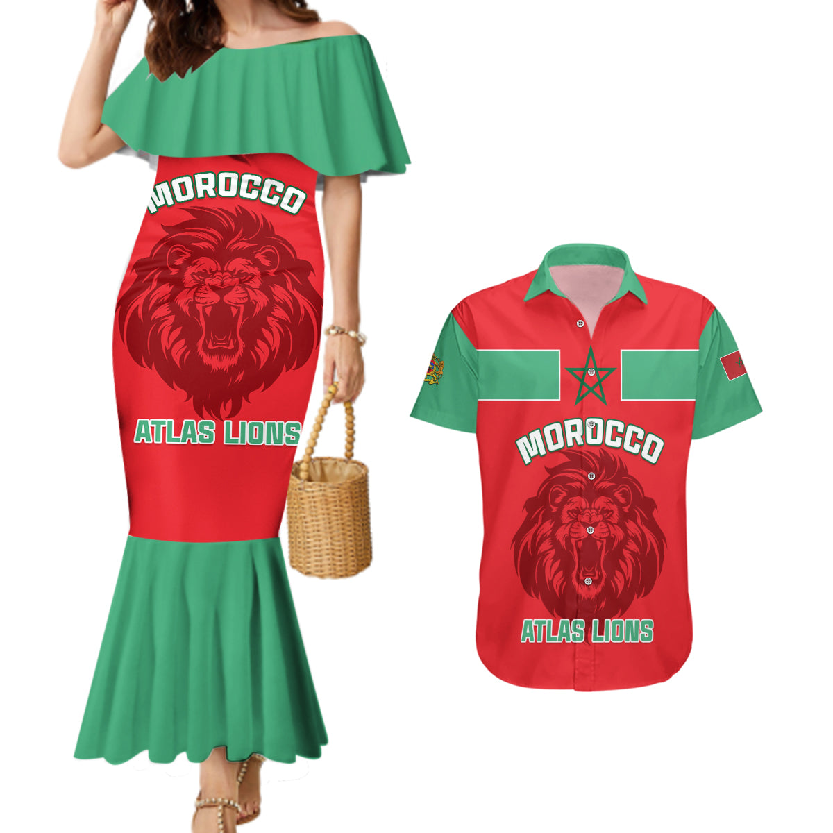 Morocco Football Couples Matching Mermaid Dress and Hawaiian Shirt Go The Atlas Lions - Wonder Print Shop