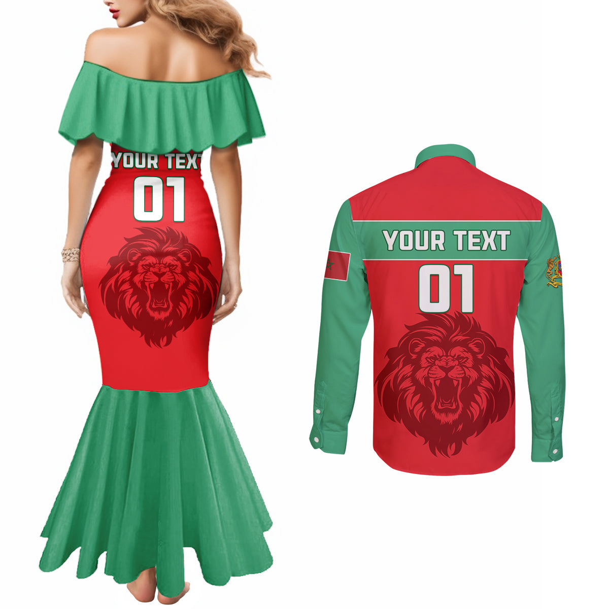 Morocco Football Couples Matching Mermaid Dress and Long Sleeve Button Shirt Go The Atlas Lions
