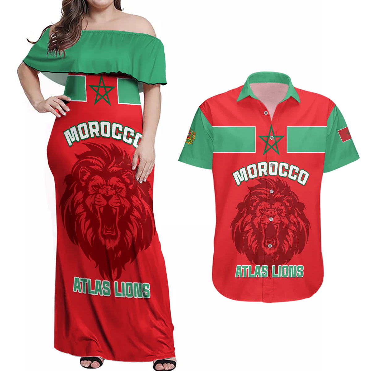 Morocco Football Couples Matching Off Shoulder Maxi Dress and Hawaiian Shirt Go The Atlas Lions - Wonder Print Shop