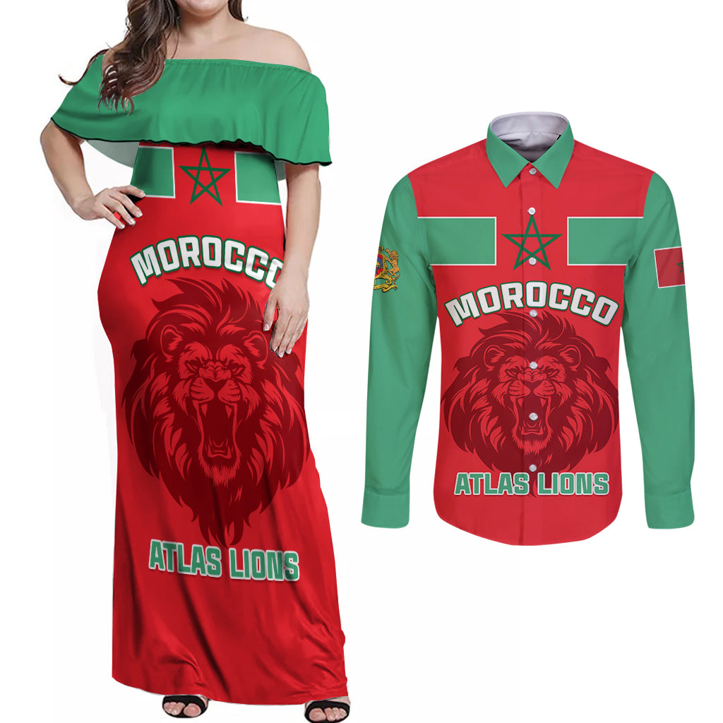 Morocco Football Couples Matching Off Shoulder Maxi Dress and Long Sleeve Button Shirt Go The Atlas Lions - Wonder Print Shop