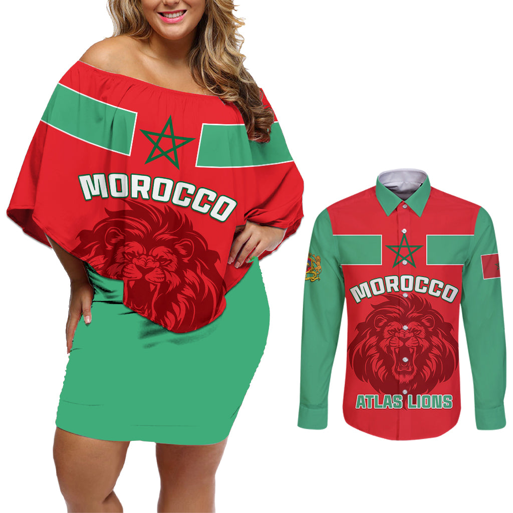 Morocco Football Couples Matching Off Shoulder Short Dress and Long Sleeve Button Shirt Go The Atlas Lions - Wonder Print Shop