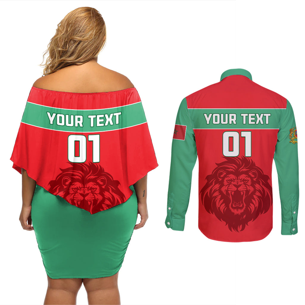 Morocco Football Couples Matching Off Shoulder Short Dress and Long Sleeve Button Shirt Go The Atlas Lions - Wonder Print Shop