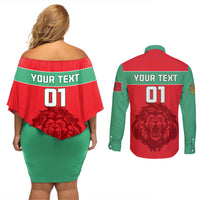 Morocco Football Couples Matching Off Shoulder Short Dress and Long Sleeve Button Shirt Go The Atlas Lions - Wonder Print Shop