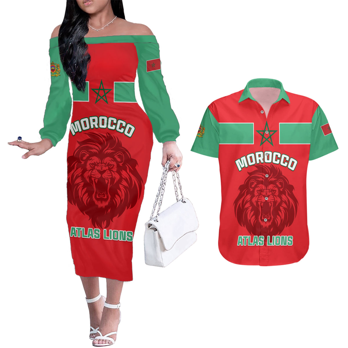 Morocco Football Couples Matching Off The Shoulder Long Sleeve Dress and Hawaiian Shirt Go The Atlas Lions - Wonder Print Shop
