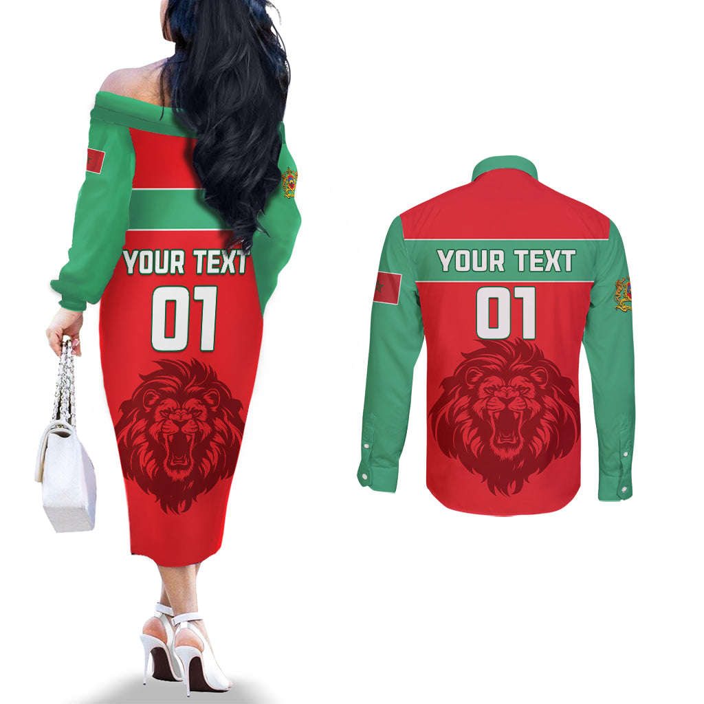 Morocco Football Couples Matching Off The Shoulder Long Sleeve Dress and Long Sleeve Button Shirt Go The Atlas Lions