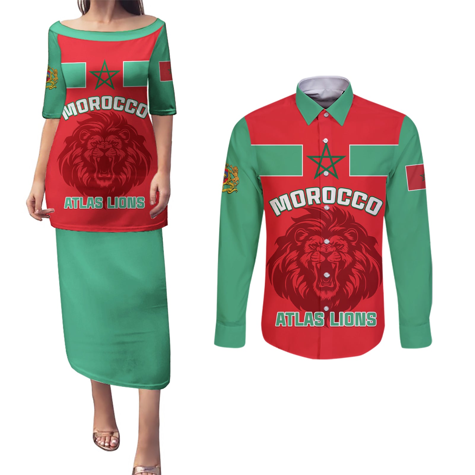 Morocco Football Couples Matching Puletasi and Long Sleeve Button Shirt Go The Atlas Lions - Wonder Print Shop