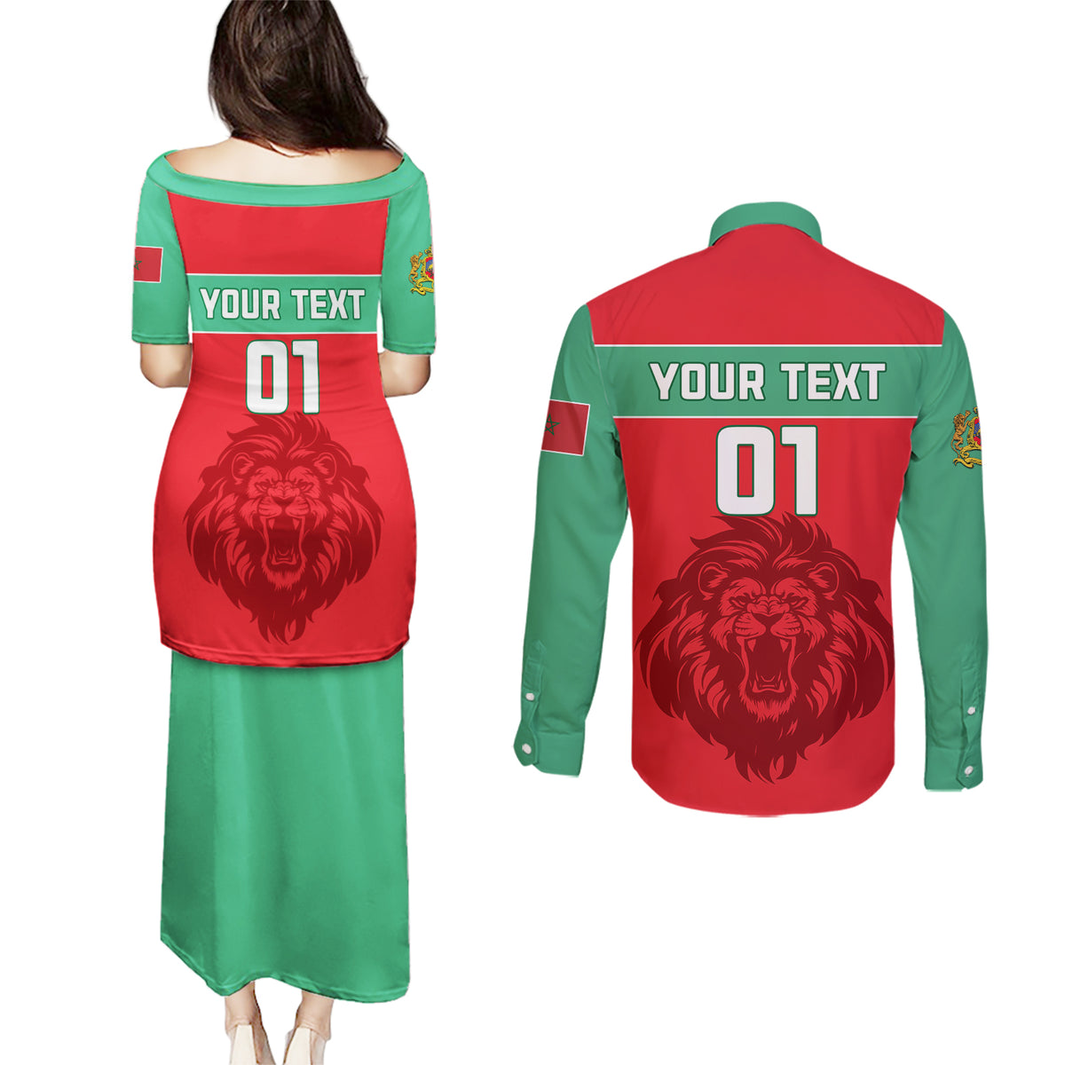 Morocco Football Couples Matching Puletasi and Long Sleeve Button Shirt Go The Atlas Lions - Wonder Print Shop