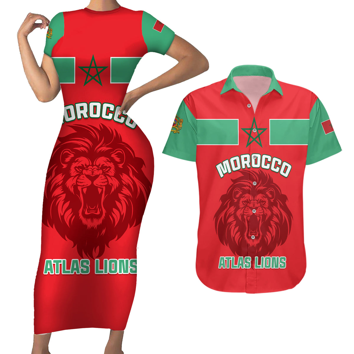 Morocco Football Couples Matching Short Sleeve Bodycon Dress and Hawaiian Shirt Go The Atlas Lions - Wonder Print Shop