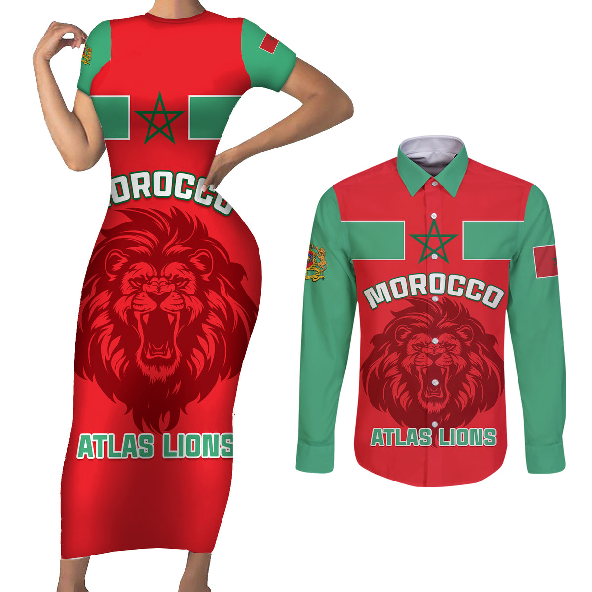 Morocco Football Couples Matching Short Sleeve Bodycon Dress and Long Sleeve Button Shirt Go The Atlas Lions - Wonder Print Shop